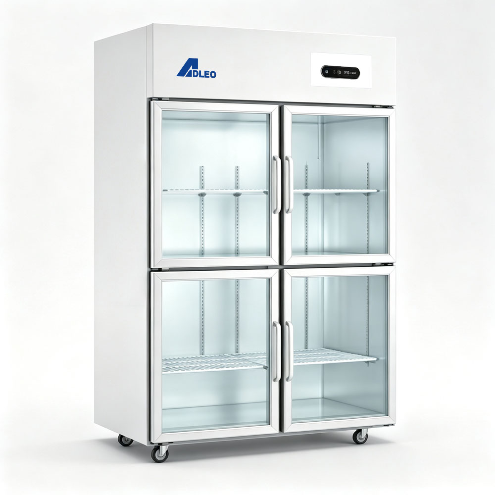 Four-paneled glass-door upright refrigerator